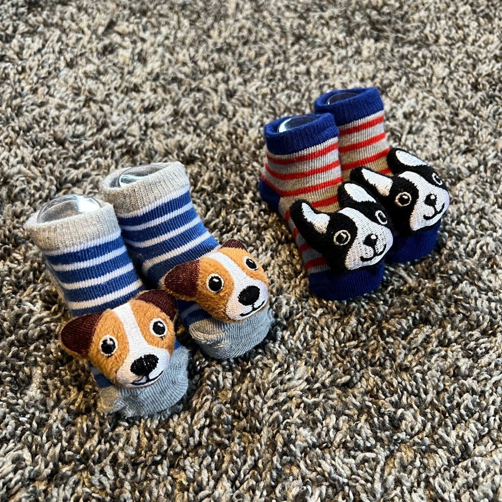 ❌SOLD❌ Adorable Dog-Themed Baby Rattle Socks Set